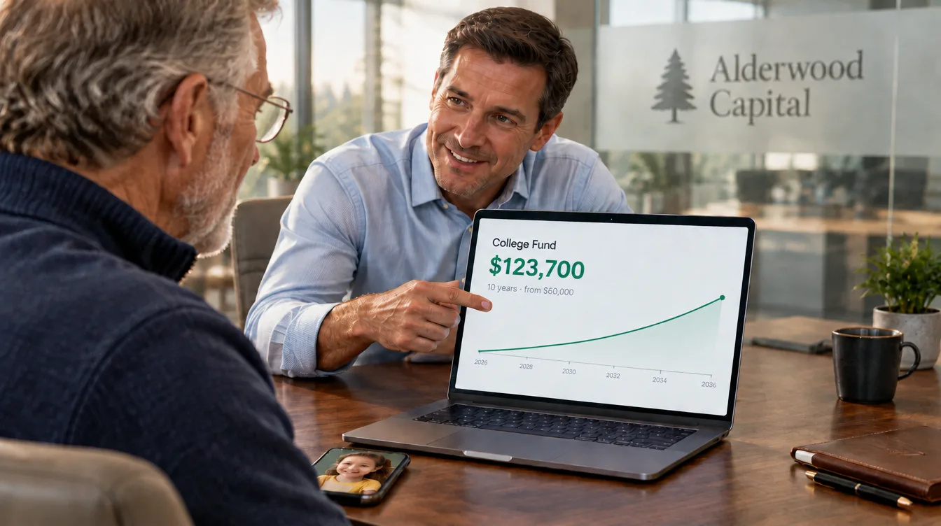 An Alderwood advisor turns his laptop toward a client to show a college fund growing to $123,700