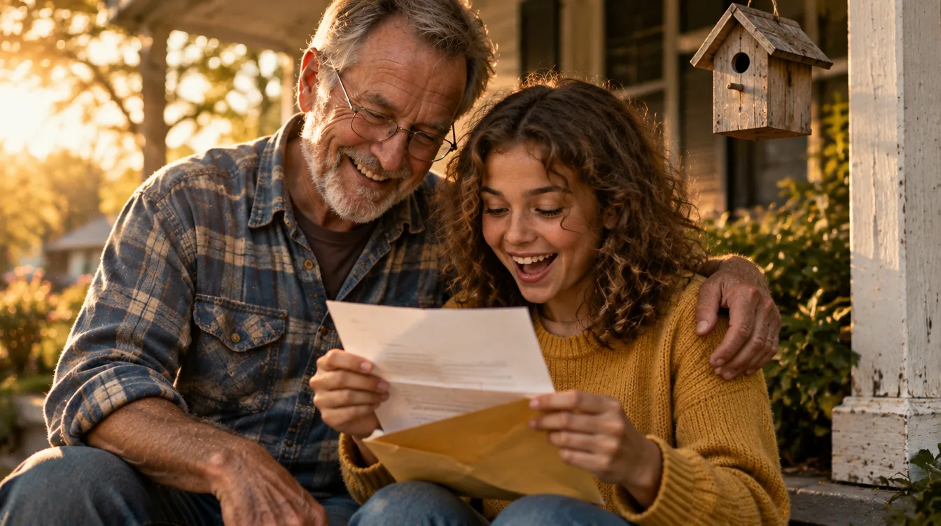 Years later, the granddaughter opens her college acceptance letter on the porch beside her grandfather