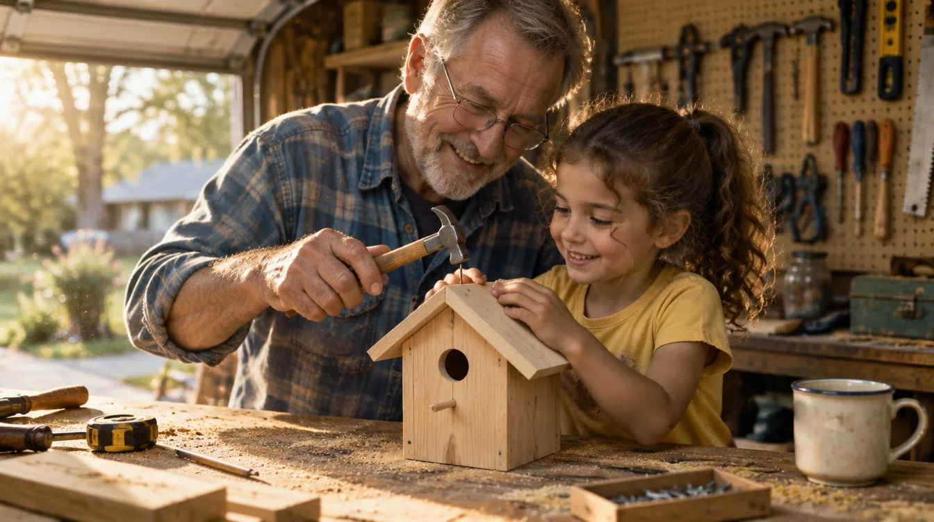 A grandfather and his young granddaughter building a wooden birdhouse at a garage workbench