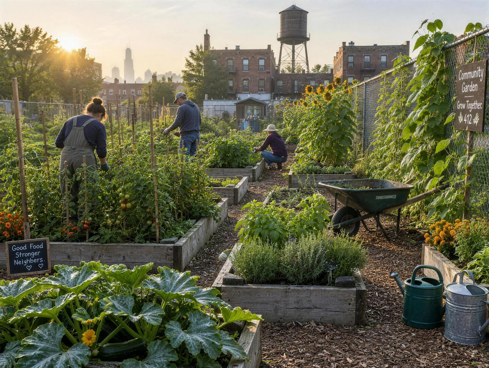 Urban community garden with raised beds, sunflowers and volunteers working at sunrise, brick buildings and a water tower behind