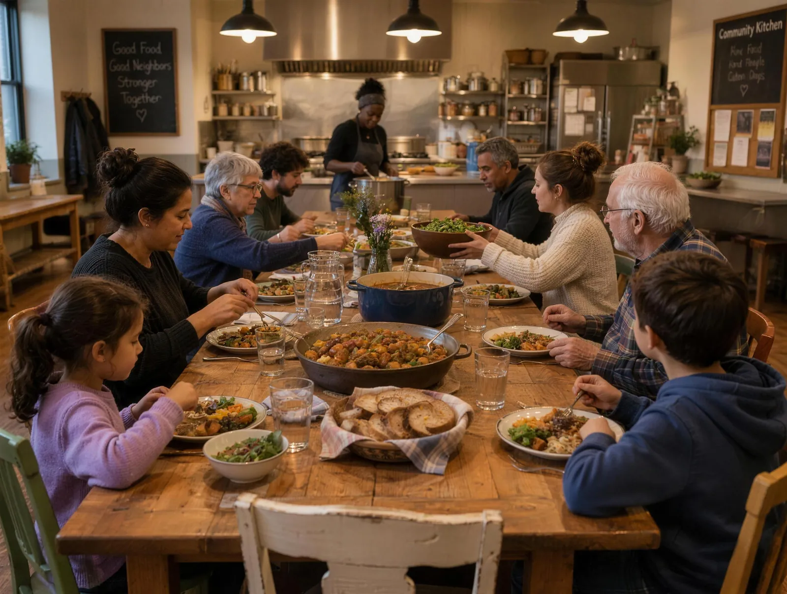 Neighbors of all ages sharing a home-cooked meal at one long wooden table in the community kitchen