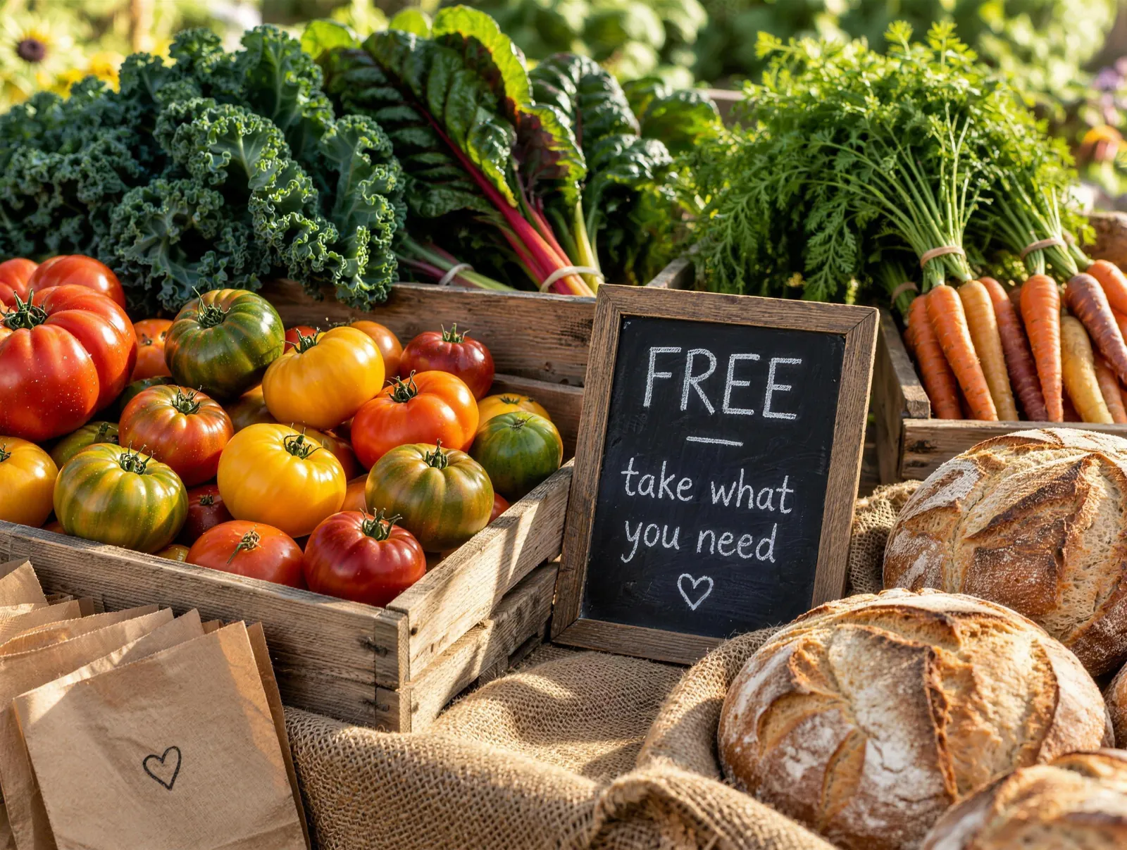 Market table with crates of heirloom tomatoes, kale, carrots and fresh bread beside a chalkboard sign reading Free, take what you need