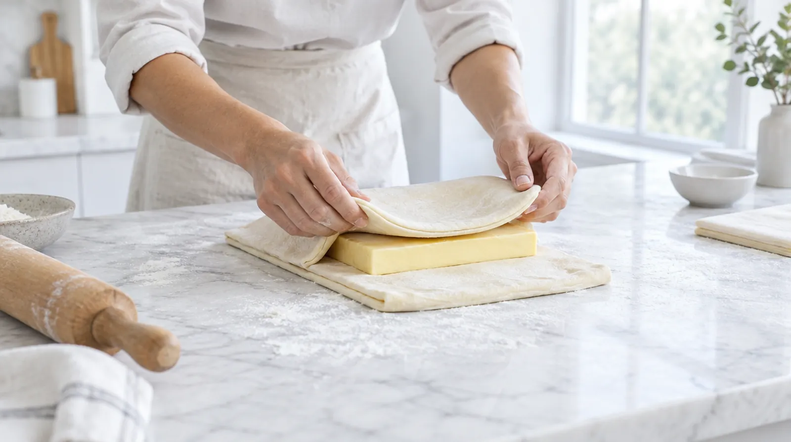 Hands folding croissant dough over a block of butter on marble