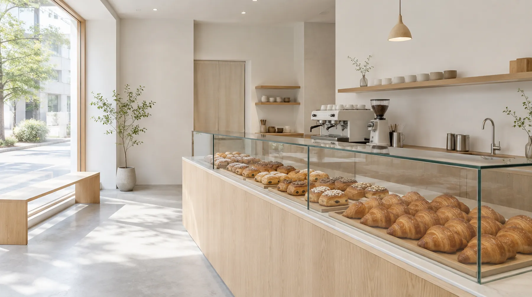 Inside the bakery: pale oak counter and a glass case of croissants