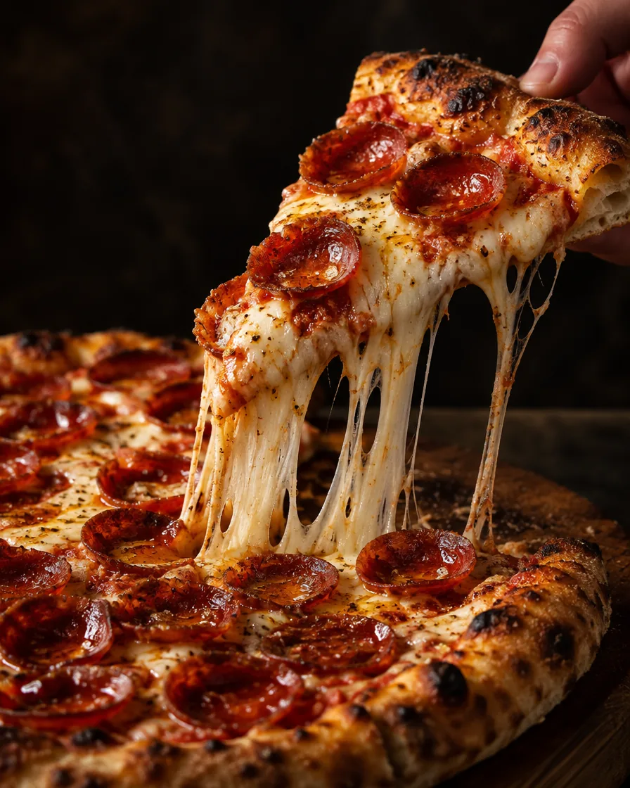A slice of pepperoni pizza lifted with a long cheese pull