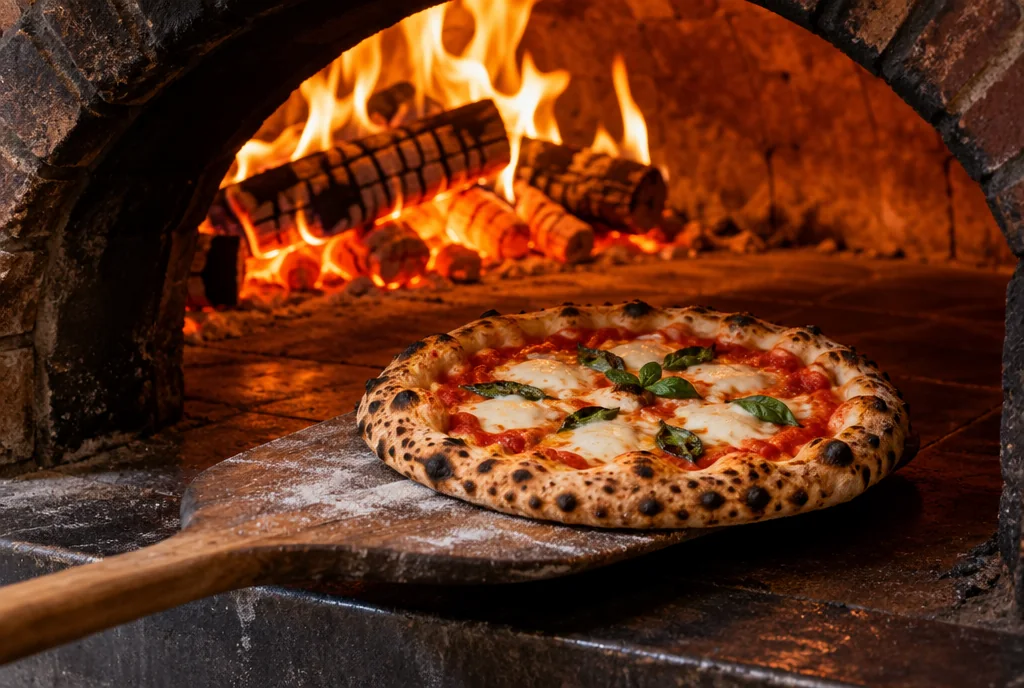 A margherita pizza on a wooden peel at the mouth of a wood-fired brick oven, oak logs burning behind it