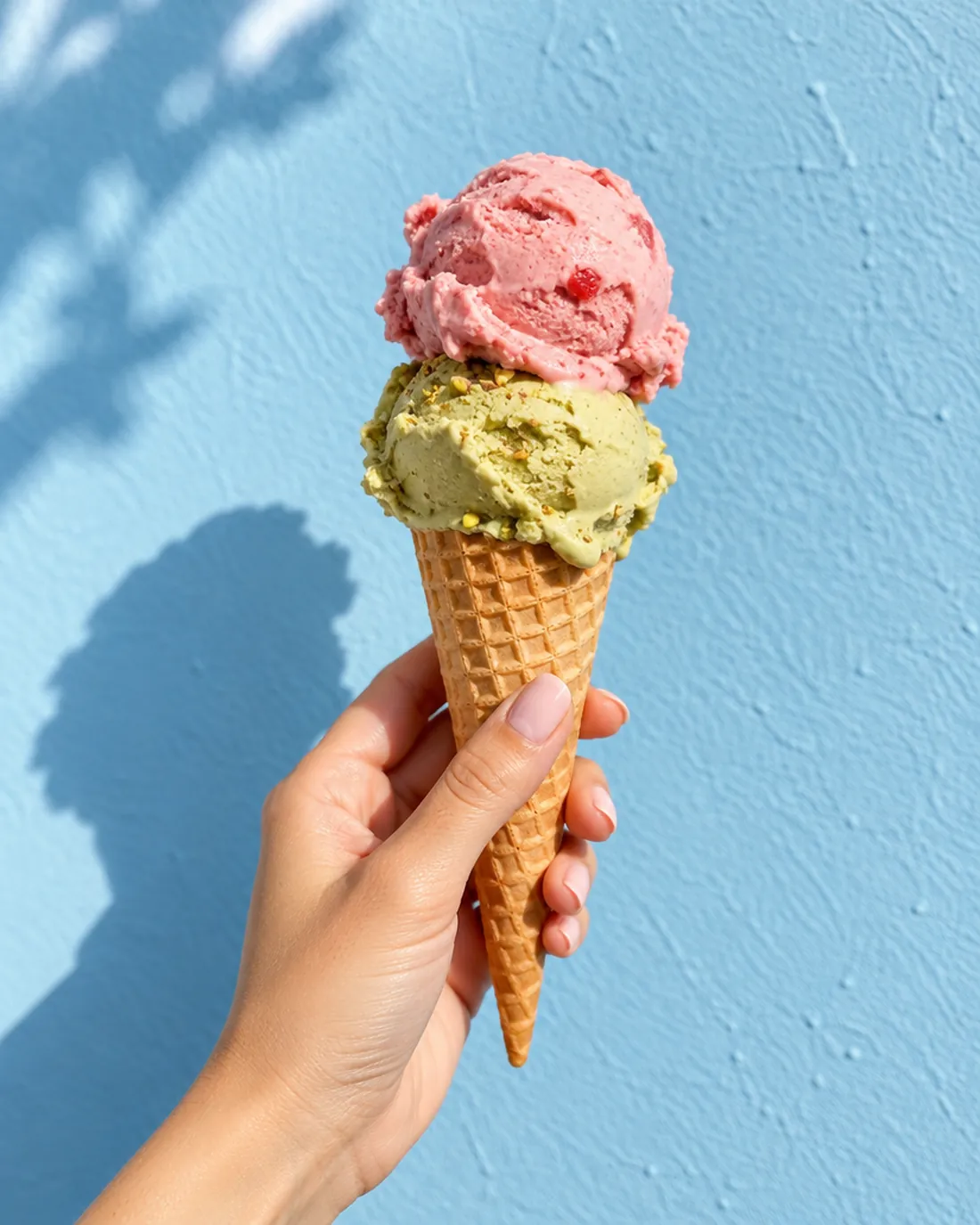 A cone with pistachio and strawberry gelato