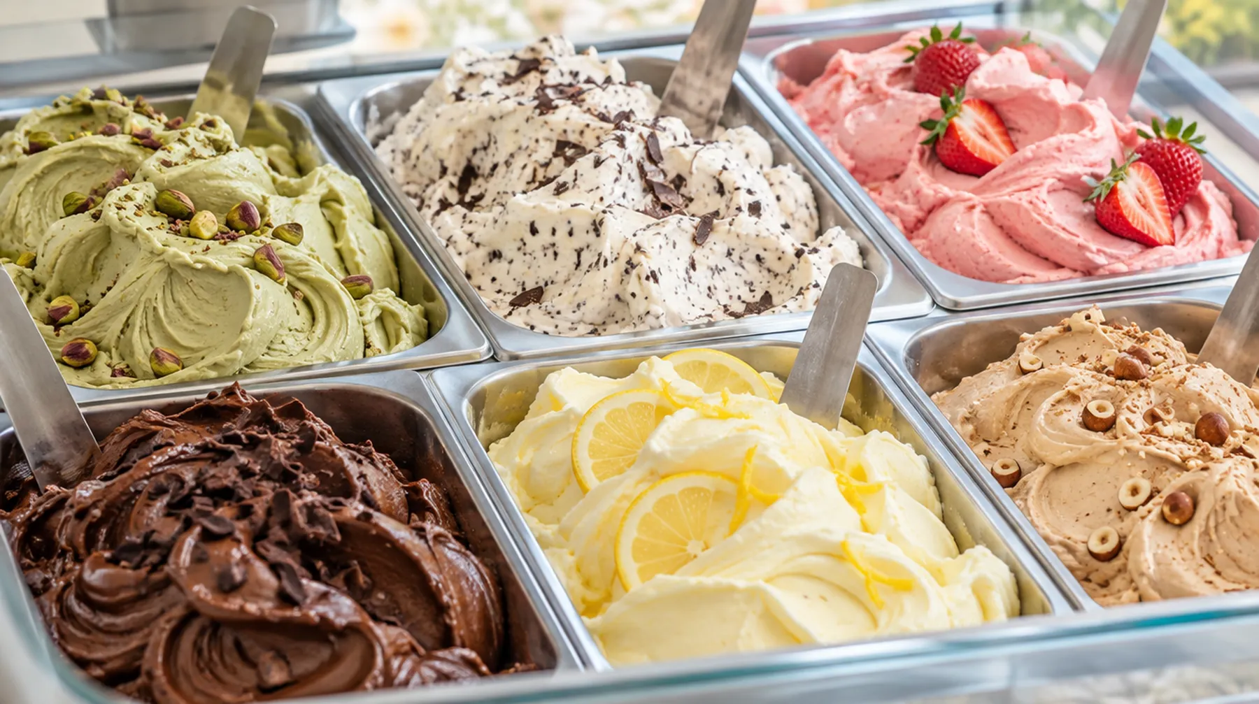 Pans of pistachio, stracciatella, strawberry, chocolate, lemon and hazelnut gelato