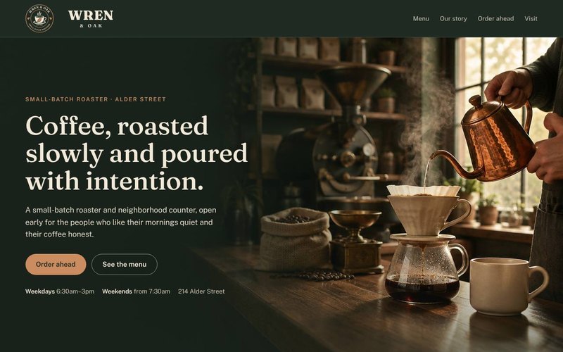 Home page of the Wren & Oak Coffee sample site
