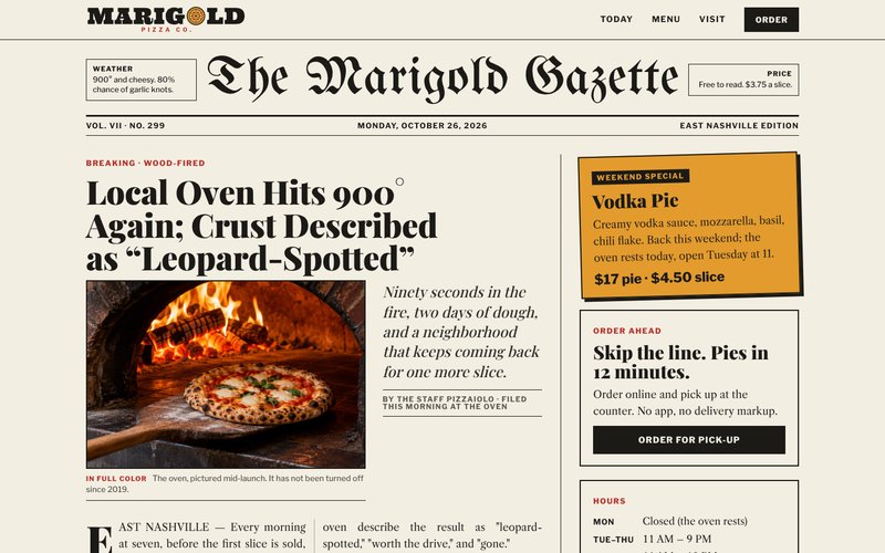 Home page of the Marigold Pizza Co. sample site