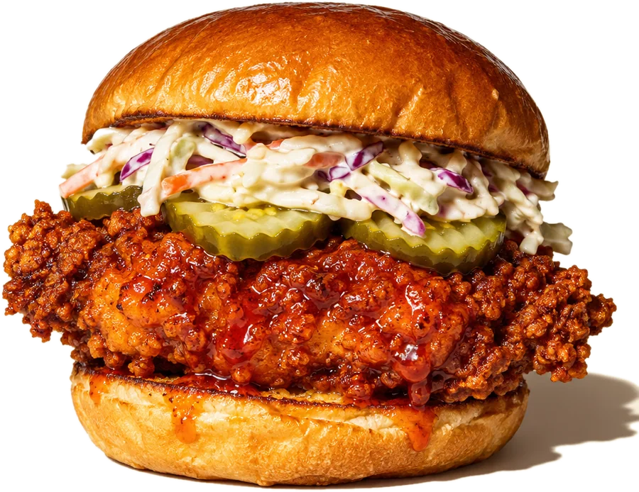 Hot chicken sandwich with pickles and slaw on a brioche bun