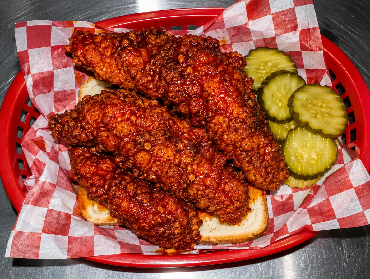Hot chicken tenders on white bread with pickles in a red basket